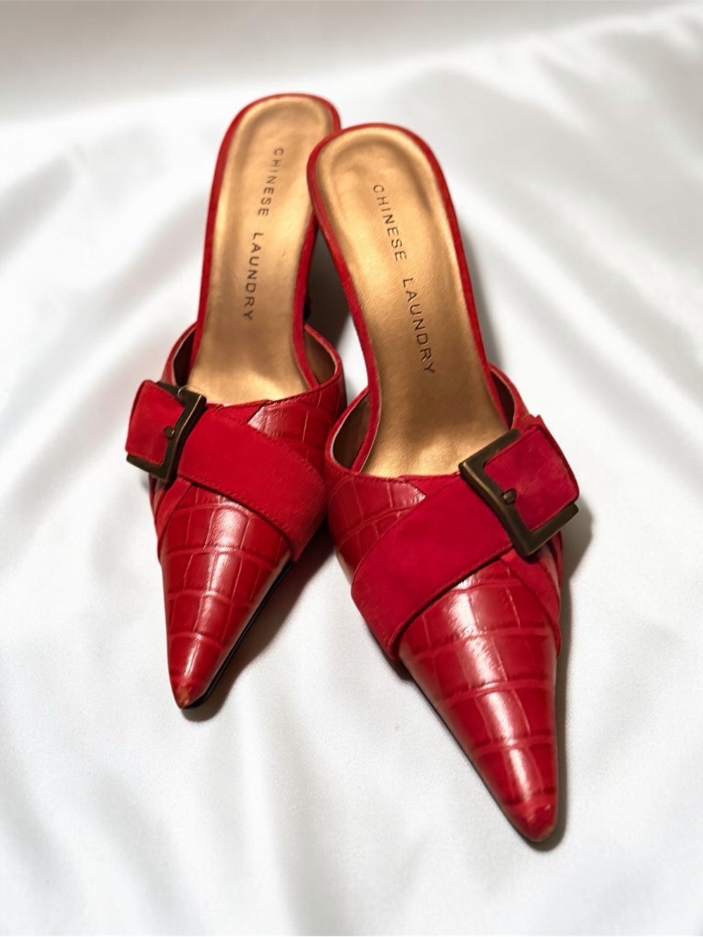 Chinese Laundry Red Croc-Embossed Pointed Mule with Buckle Strap